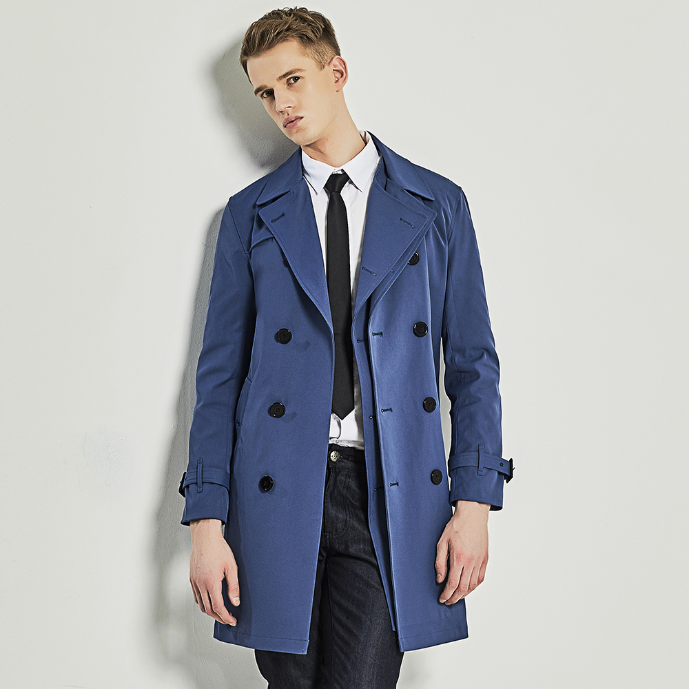 优杰仕青年长款风衣男外套双排扣天蓝色男士风衣正品防风雨男风衣
