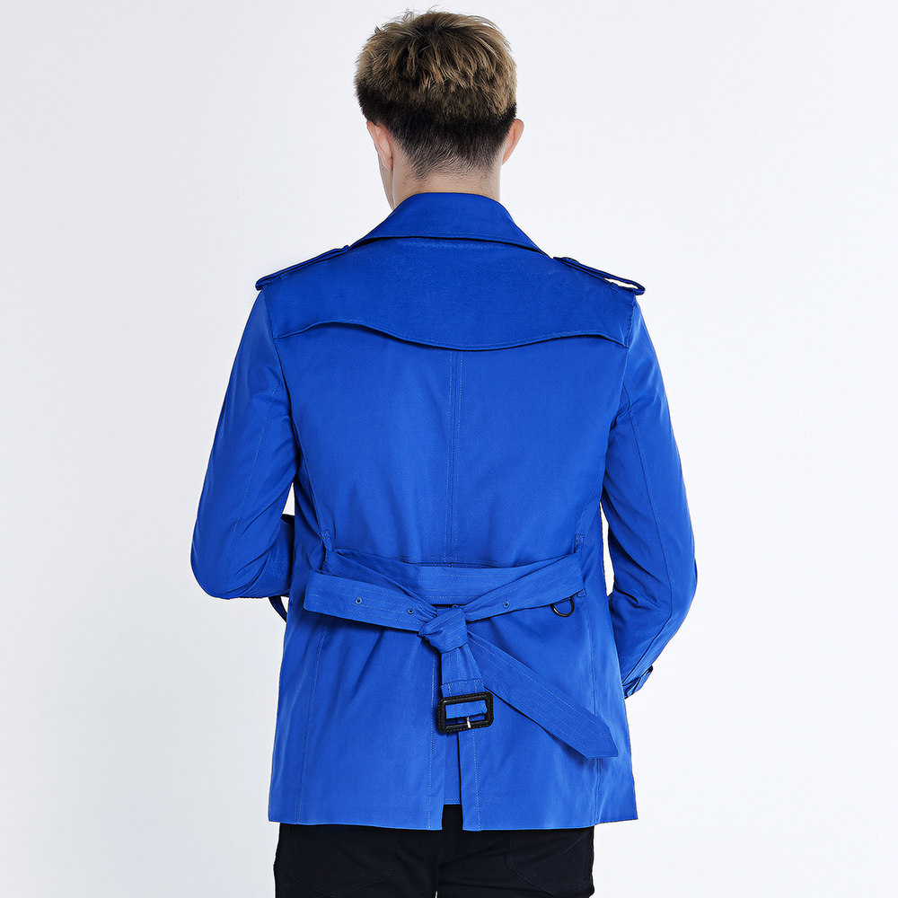 优杰仕青年风衣男秋季新款双排扣男士风衣短款时尚蓝色外套男风衣