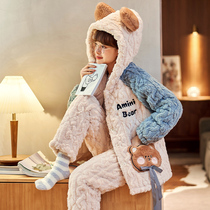 Pajamas Autumn Winter Women Coral Suede Flannel Flannel Triple thickened Garsuede Warm Jacket Cotton Padded Jacket Long Plush Winter Home Clothing