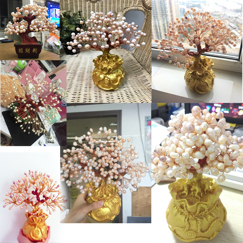 diy手工串珠琥珀珍珠发财树干半成品摆件底座包邮招财树摇钱树盆_7折