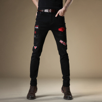 Jay Renault Black Embroidered Jeans Male Tide Card Non Mainstream Street Trend Rose Embroidered Hip Hop Small Foot Pants