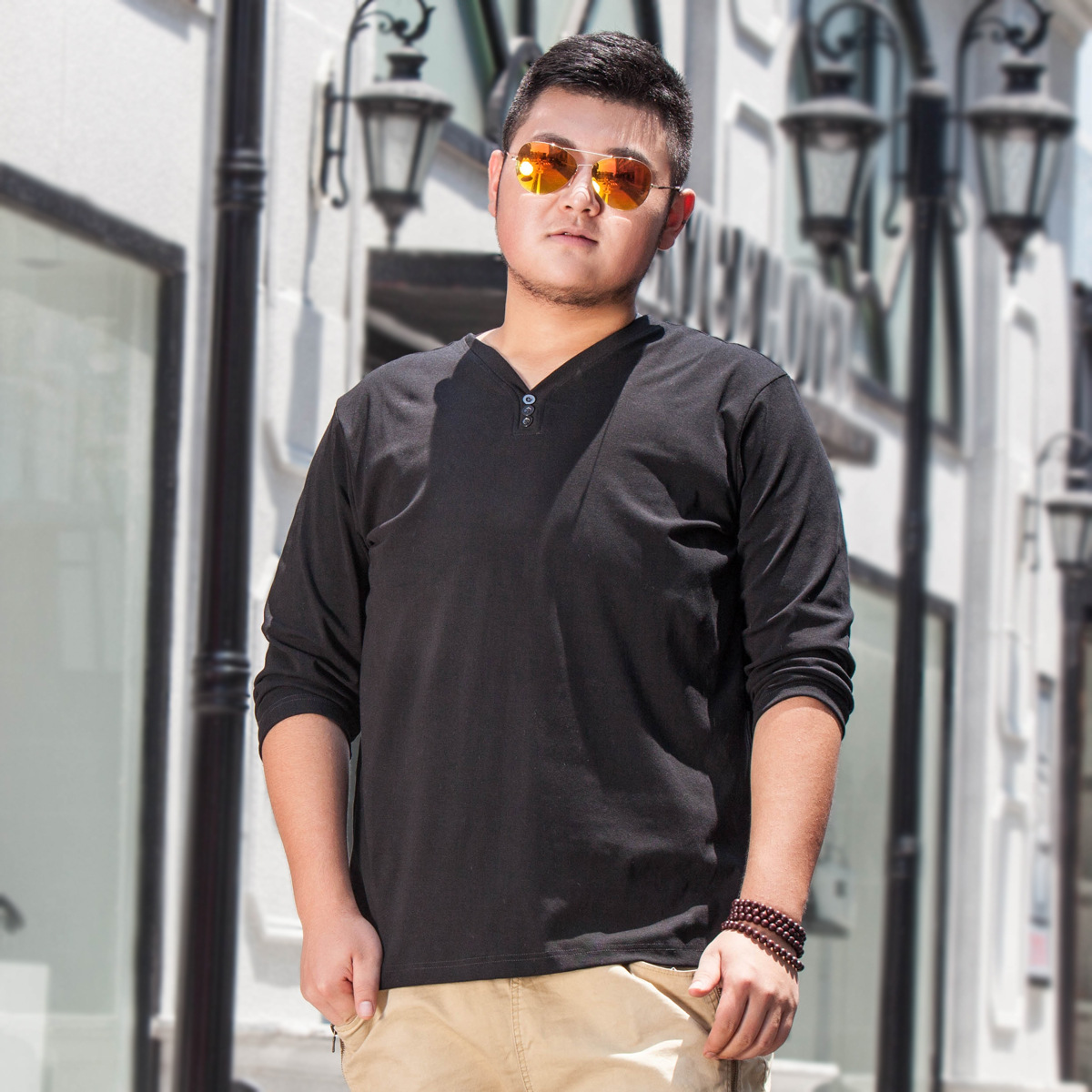 新款肥佬大码男装t恤男潮胖子长袖肥佬v领体恤加肥加大码300斤7xl