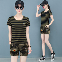 Summer fashion camouflage suit trendy womens summer shorts slim slim military fan clothing cotton short sleeve t-shirt two-piece set