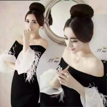 High qualitative sense of one-line collar off-the-shoulder dress Socialite Birthday party party dinner party small dress dress short section