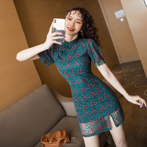 Japanese and Korean new embroidered lace cheongsam dress