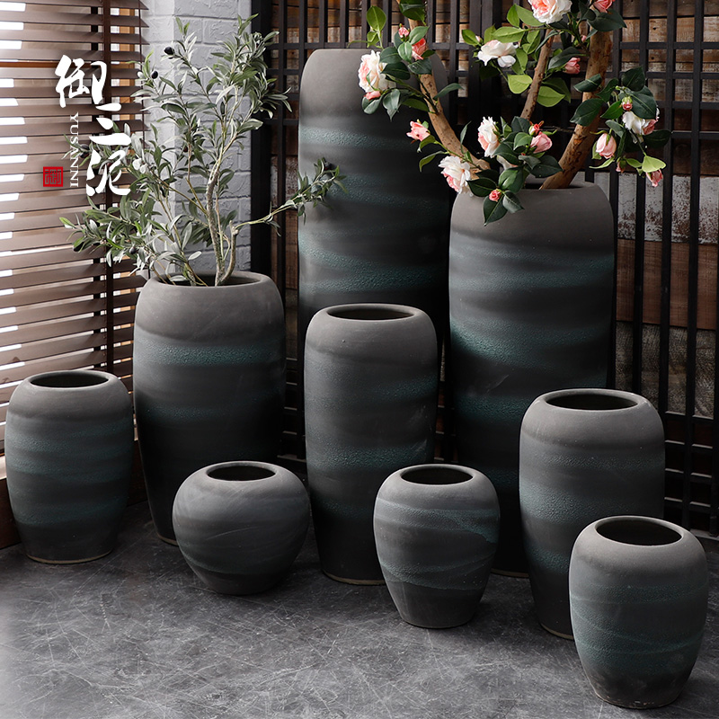 Retro coarse pottery ground dried flower adornment furnishing articles of large diameter zen sitting room vase flowerpot Chinese modern pottery