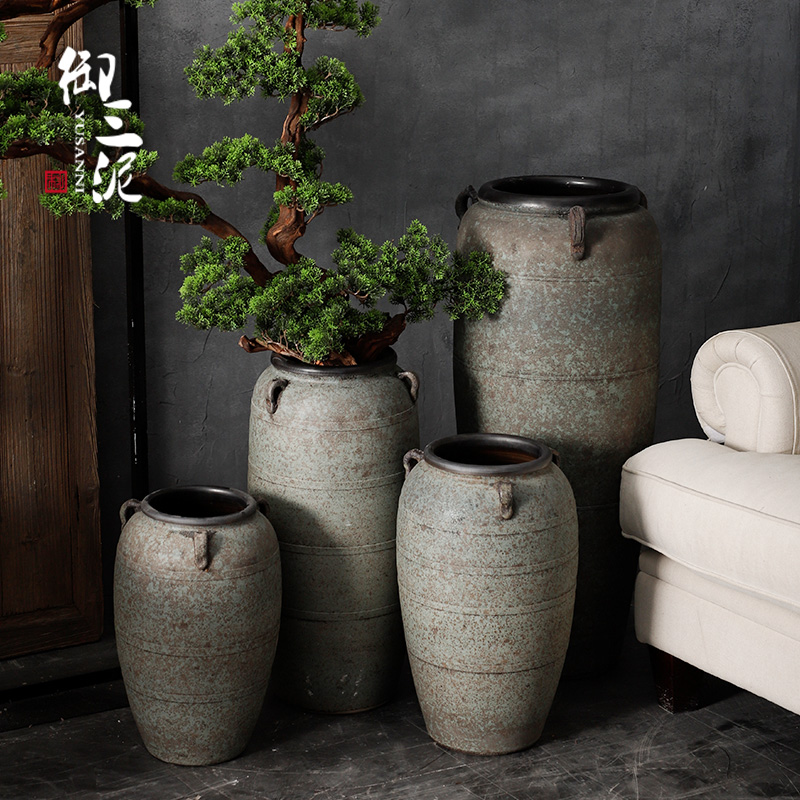 Retro thick clay ground are dried flowers sitting room vase decoration furnishing articles Chinese modern pottery large - diameter zen flowerpot