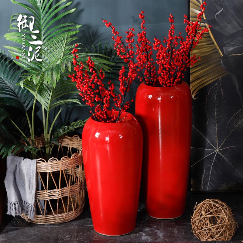 Red Chinese jingdezhen ceramics creative household plug-in artificial flowers dried flower adornment of I sitting room place ground vase