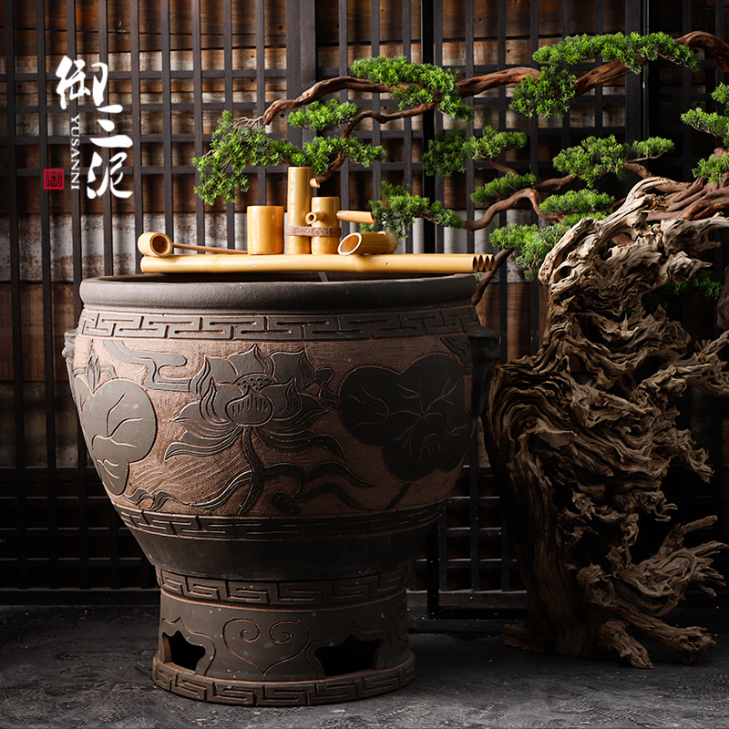 Jingdezhen earthenware coarse pottery ancient ceramic VAT aquarium fish turtle water lily cylinder engraving tank a goldfish bowl