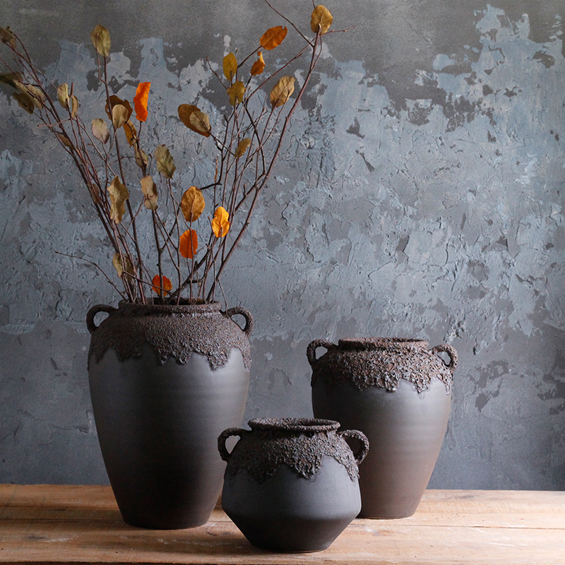 Thick black terms ceramic dry flower pot some ceramic porcelain craft vase of jingdezhen ceramic mud retro floral flower arranging furnishing articles