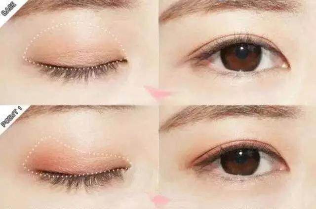 step1:眼影直接用淡橘色打底,眼尾的位置颜色可以明显一点,但过度要