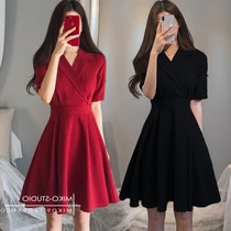 Big code Herben Wind Black Dress Superior 2022 New Fat mm Summer Wearing Slim Short Sleeve Suit Skirt Woman