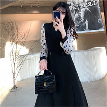 Big Code Wave Dot dress Dress Woman Fat Mm Spring Loaded With Slim Cover Tummy Retro Web Yarn Cuff Splicing Suit Skirt Mid dress