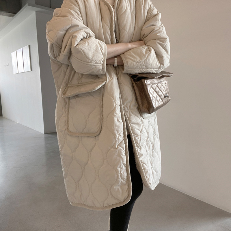 oversize cotton suit woman in Korean chic loose thickened rhomboid cotton coat woman over knee cotton padded jacket-Taobao