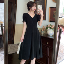 Big Code Herben Wind Black One-piece Dress Superior 2022 Summer French Skirt Fat Mm Veil Slim mid-length