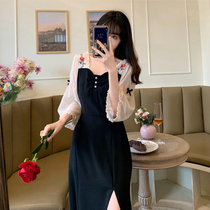 French Style Big Code Tea Hysteria Spring 2022 New Design Sensational Temperament Square Collar Dress With Dress Woman Open Fork Long Skirt