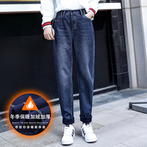 High waist jeans Women 2020 autumn and winter New Korean version plus velvet loose slim show high Joker students straight pants women