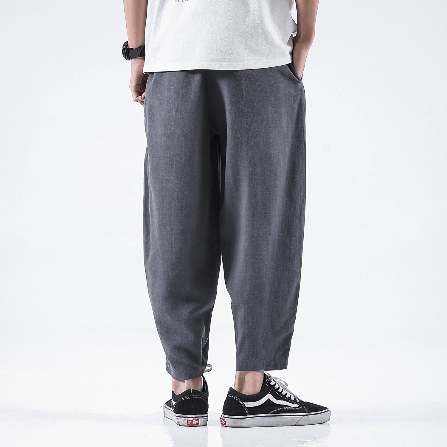 qt715--p50中国风亚麻萝卜裤阔腿九分裤棉麻坠感薄休闲裤男