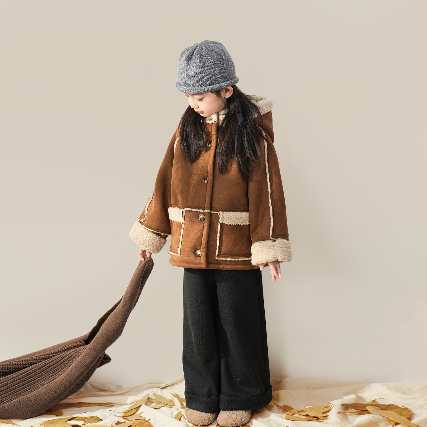 Blue Little Dad girl imitation lamb wool jacket 2023 Winter new fur integrated baby Even hat warm cotton suit-Taobao