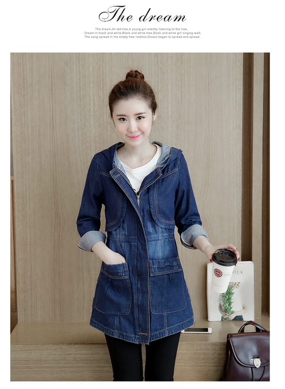 Thời trang 200 catties cộng với kích thước áo khoác denim của phụ nữ mùa hè áo gió có mũ trùm đầu mỏng dài tay dài mới với kích thước mùa hè - Trench Coat