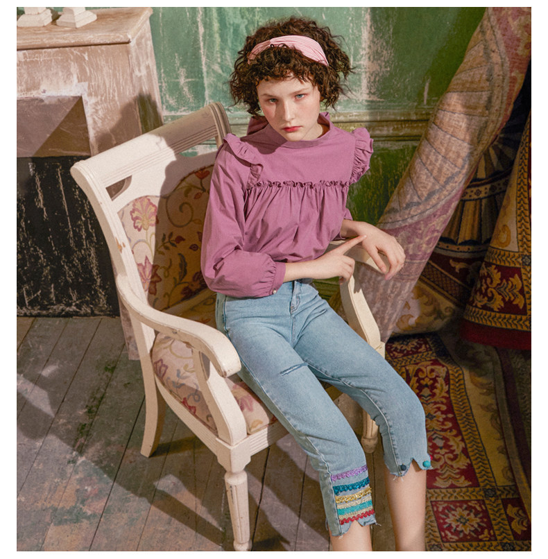 果酱公主牛仔裤女夏季2018新款复古绣花破洞毛边九分裤kk 月玖