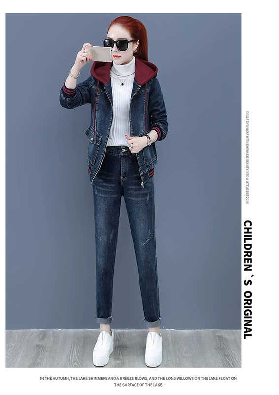 Mùa xuân và mùa thu 2021 Bộ đồ retro mới của phụ nữ Áo khoác denim thêu quần co giãn Xu hướng thời trang hai mảnh - Bộ đồ