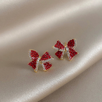 Good-looking red bow stud earrings female temperament Net red earrings Korean light luxury niche design ear accessories