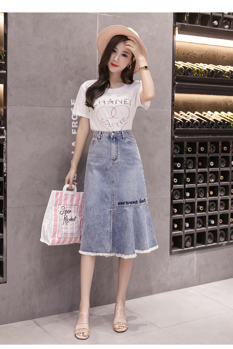 实拍2020高腰牛仔裙半身裙中长款女2019春季新款长裙刺绣 备货