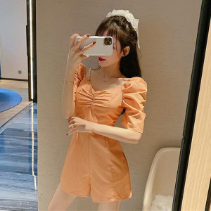 Sexy bubble short sleeve pearl shoulder strap pleated design minority dress pants temperament Jumpsuit