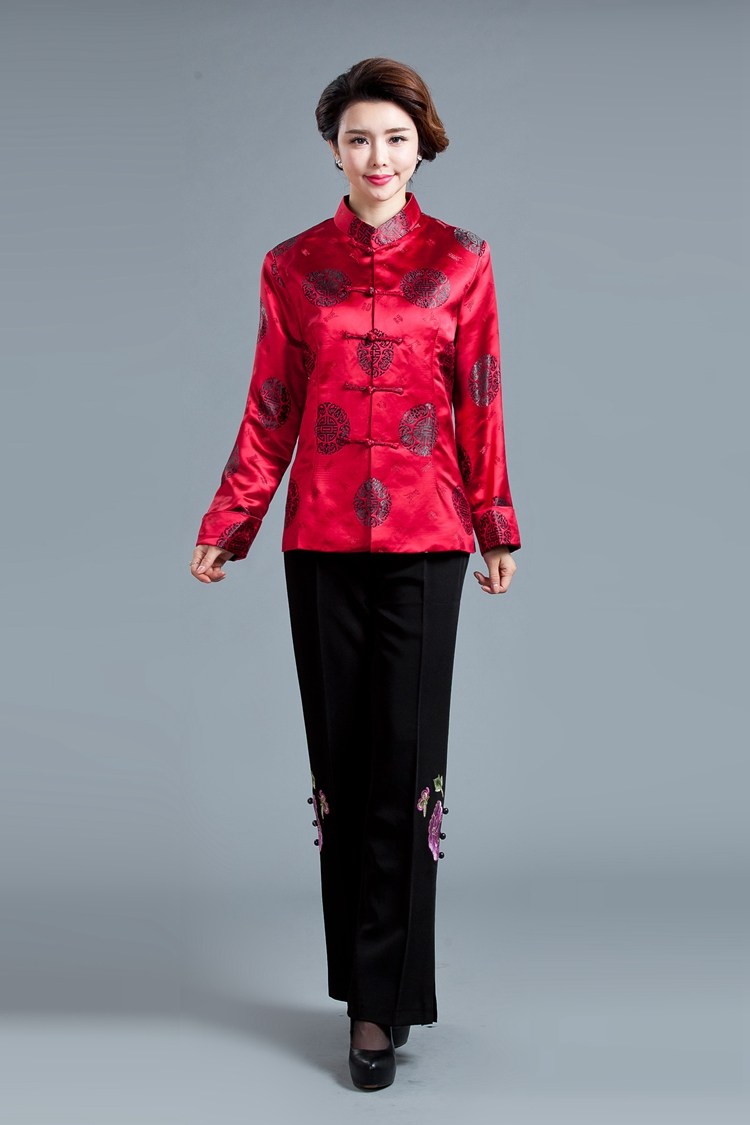 女式中式上衣锦缎长袖唐装中国风时尚外套枣红 北京唐装专柜正品