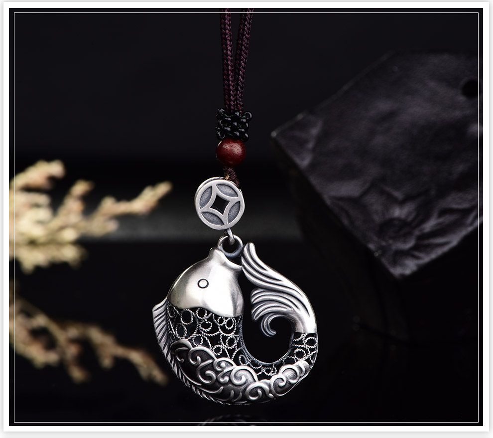 银鲤鱼吊坠男士招财年年有余吊坠女款镂空项链复古挂件新年礼物