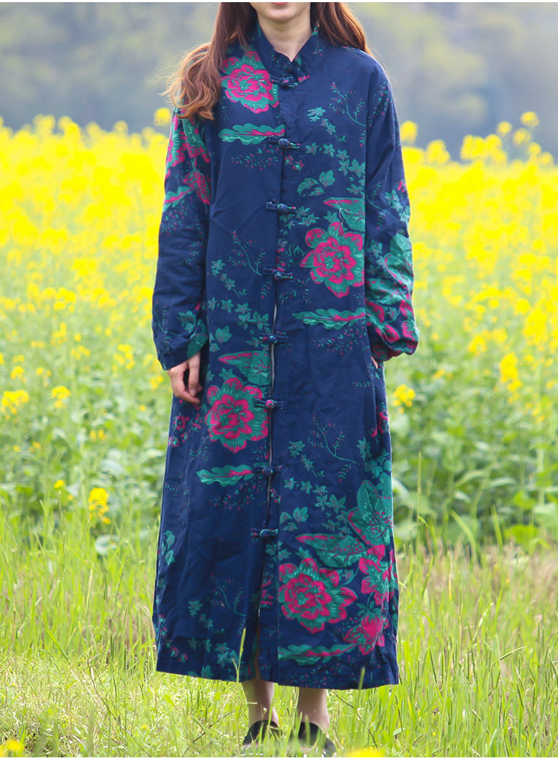burberry風衣在國外多少錢 亂在江南民族風女裝春裝新款外套復古立領印花中長款棉麻長袖風衣 burberry