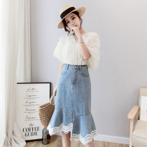 2021 spring and summer new thin a-shaped bag hip long knee high waist irregular denim half body fishtail skirt women