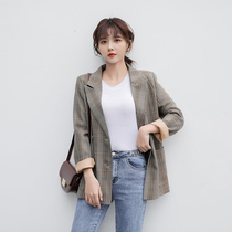 Plaid blazer womens medium-length Spring and Autumn New Korean version of loose casual small suit British Hong Kong wind ins tide