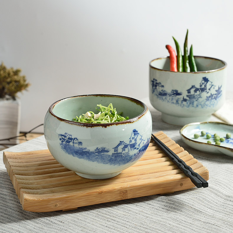 Three Japanese ceramics creative dishes characteristics tableware inclined family deep bowl of soup bowl of individual character dining - room tall foot cup noodles bowl