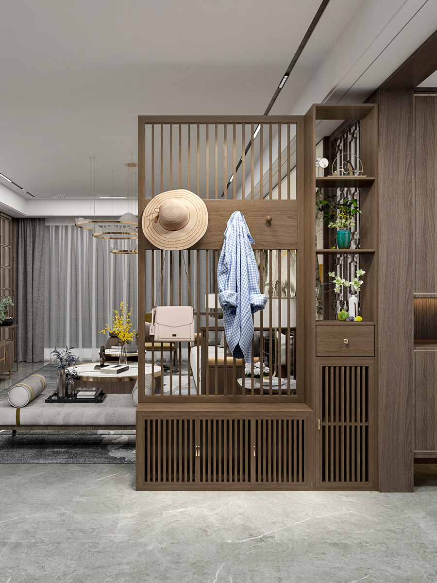 入户屏风隔断客厅新中式挂衣帽架鞋柜一体实木玄关换鞋凳进门遮挡