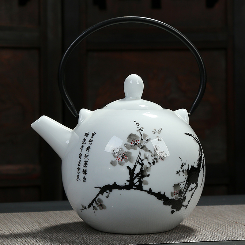 日式青花瓷陶瓷壶铁制泡墙纸手柄茶壶小茶壶单壶复古景德镇瓷壶_7折提梁的基纸图片