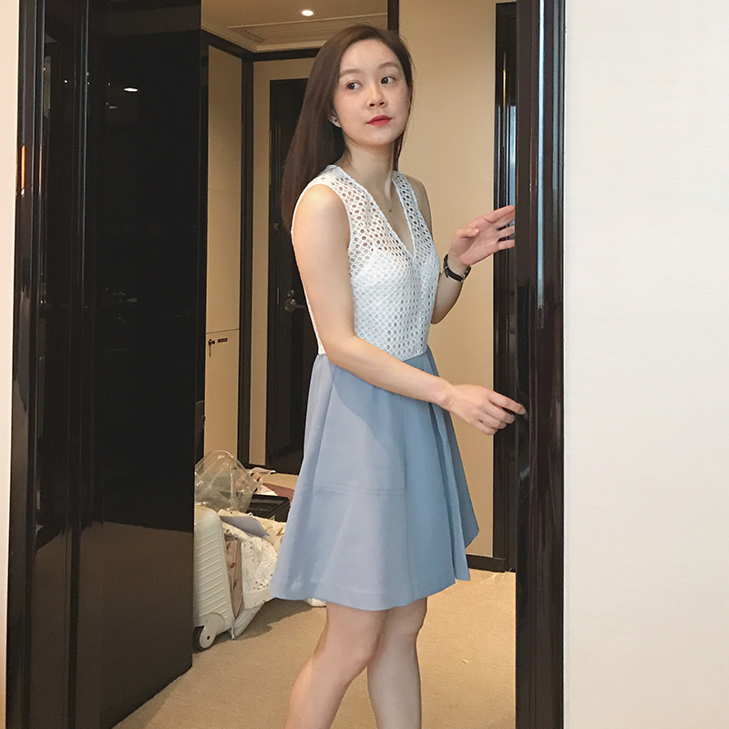 莉贝琳sisy  夏季zhong工高密蕾丝收腰v领连衣裙