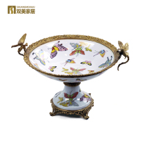 American fruit plate three-piece living room ceramic inlaid copper fruit bowl handmade plate high foot fruit plate wine cabinet decorations ornaments