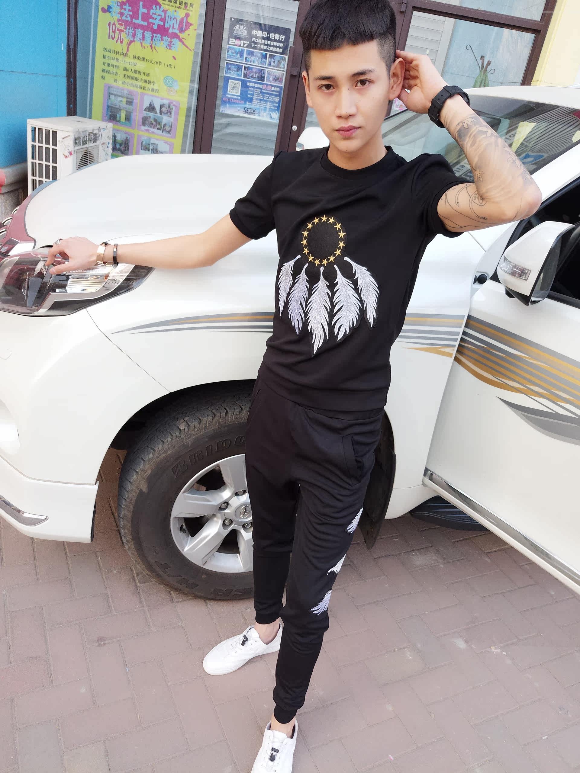 春夏季新款男士休闲潮流卫衣卫裤短袖套装 社会精神小伙网红男装