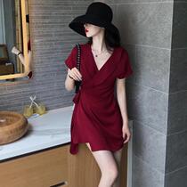 Korean light luxury womens red V-neck sexy temperament 2020 summer new socialite style thin lace-up dress
