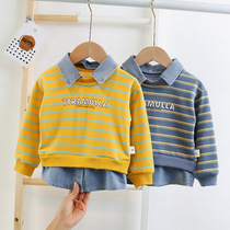 Ai Kexiu childrens T-shirt lapel bottom dress fake two striped boys T-shirt childrens warm coat