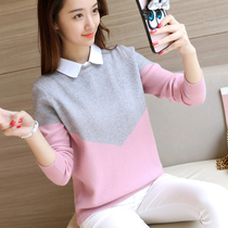 Spring 2021 new Korean fake two-piece top womens sweater long-sleeved loose-bottomed sweater jacket autumn