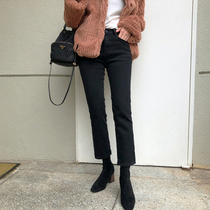 Black straight jeans girl autumn 2022 new eight-point high waist loose and thin and velvet nine-point cigarette pants