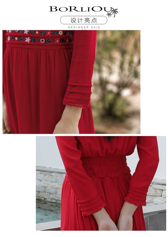 Phong cách dân tộc ăn mặc trà thẻ muối hồ nữ váy thêu vải lanh Thái Lan du lịch Vân Nam váy dài váy đỏ bãi biển - Sản phẩm HOT