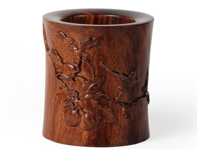 红木工艺品文房四宝摆件木质浮雕刻 一枝独秀鸟笔筒 新款商务礼品_不