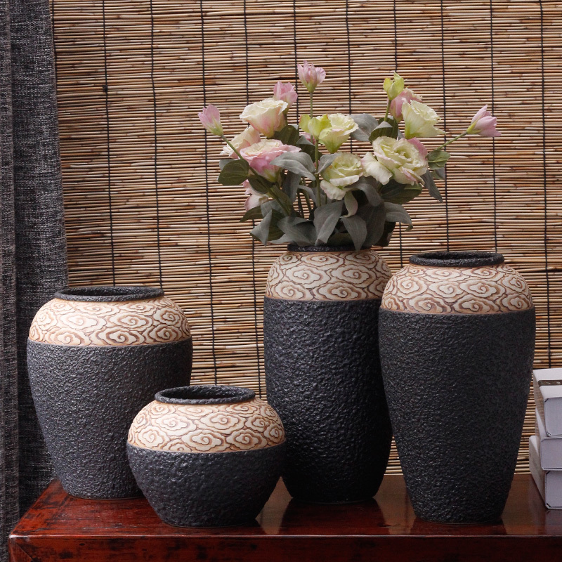 Jingdezhen checking coarse pottery xiangyun Chinese style of black pottery machine dry flower hydroponic flower pot furnishing articles pottery crispy noodles