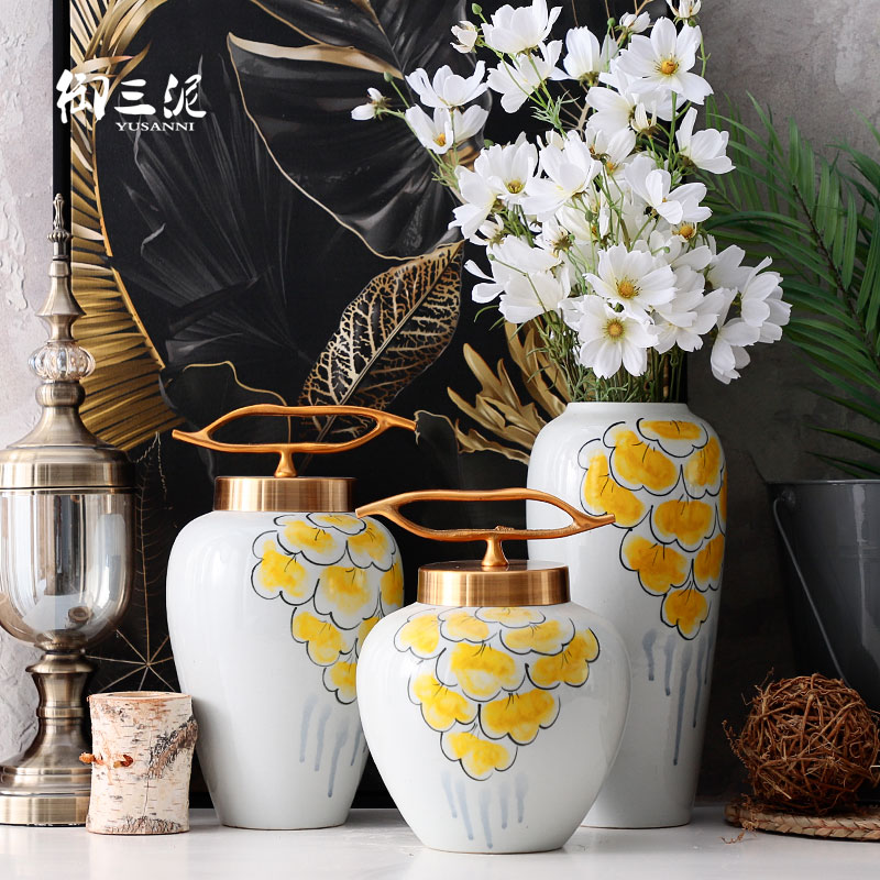 Flower arranging place dry Flower adornment European metal cover ceramic vase desktop household I and contracted the new Chinese style living room