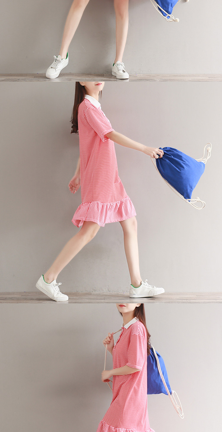 2018新款夏装初中学生中长款休闲运动裙子少女韩版短袖条纹连衣裙_折2