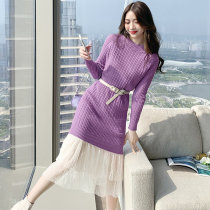 FENING MAJE 2020 New Round Neck Long Sleeve Solid Color Sweater Knitted Dress Lady Two-Piece Dress